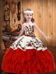 Perfect Straps Sleeveless Child Pageant Dress Floor Length Embroidery and Ruffles Red Organza