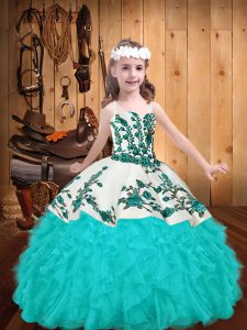  Aqua Blue Sleeveless Embroidery and Ruffles Floor Length Little Girl Pageant Dress