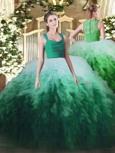 Affordable Multi-color Tulle Zipper Straps Sleeveless Floor Length 15th Birthday Dress Ruffles