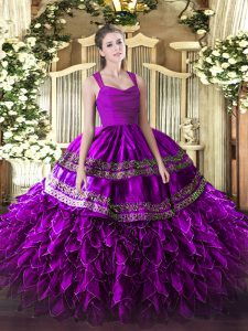  Purple Ball Gowns Organza Straps Sleeveless Appliques and Ruffles Floor Length Zipper Ball Gown Prom Dress