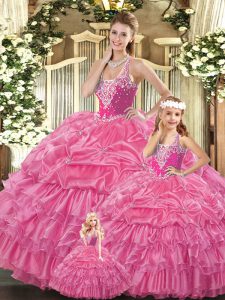  Rose Pink Lace Up Quinceanera Dress Ruffles and Pick Ups Sleeveless Floor Length