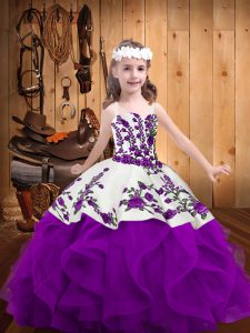 Purple Sleeveless Floor Length Embroidery and Ruffles Lace Up Kids Pageant Dress