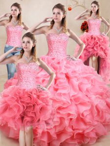  Baby Pink Sweet 16 Dresses Sweet 16 and Quinceanera with Beading and Ruffles and Ruching Sweetheart Sleeveless Lace Up