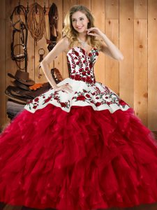 Dynamic Sleeveless Satin and Organza Floor Length Lace Up Vestidos de Quinceanera in Wine Red with Embroidery and Ruffles