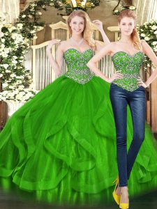 Fitting Green Sweetheart Neckline Beading and Ruffles Quinceanera Gowns Sleeveless Lace Up