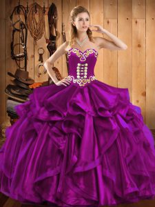 Organza Sweetheart Sleeveless Lace Up Embroidery and Ruffles 15 Quinceanera Dress in Fuchsia