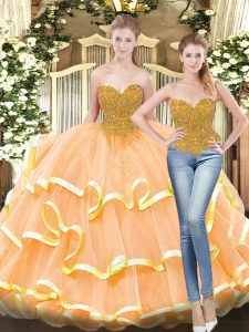  Peach Ball Gowns Sweetheart Sleeveless Tulle Floor Length Lace Up Beading and Ruffled Layers Sweet 16 Dresses