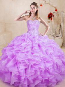  Lilac Organza Lace Up Sweet 16 Dress Sleeveless Floor Length Beading and Ruffles