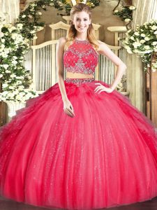Hot Sale Red Scoop Neckline Beading and Ruffles Ball Gown Prom Dress Sleeveless Zipper