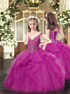 High Class Floor Length Ball Gowns Sleeveless Fuchsia Juniors Party Dress Lace Up