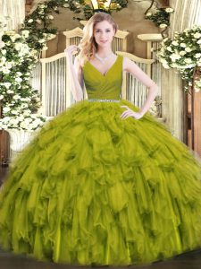 Sweet Olive Green Tulle Zipper Quinceanera Gown Sleeveless Floor Length Beading and Ruffles