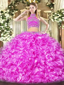 Stunning Lilac Two Pieces High-neck Sleeveless Tulle Floor Length Backless Beading and Ruffles Quinceanera Gowns