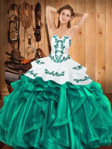  Satin and Organza Strapless Sleeveless Lace Up Embroidery and Ruffles Sweet 16 Quinceanera Dress in Turquoise