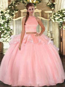 Sleeveless Floor Length Beading Backless Quinceanera Gowns with Pink 