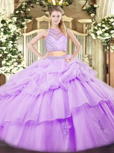 Delicate Lavender Sleeveless Tulle Zipper Sweet 16 Dress for Military Ball and Sweet 16 and Quinceanera