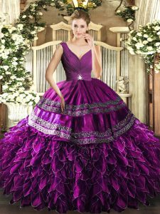 Superior Purple Quinceanera Gowns Sweet 16 and Quinceanera with Beading and Ruffles and Ruching V-neck Sleeveless Backless