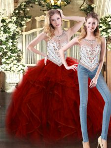 Charming Ball Gowns 15th Birthday Dress Wine Red Scoop Tulle Sleeveless Floor Length Zipper