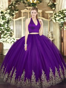  Sleeveless Floor Length Appliques Zipper 15th Birthday Dress with Dark Purple