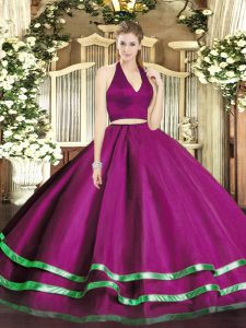 Comfortable Two Pieces Quinceanera Gowns Fuchsia Halter Top Tulle Sleeveless Floor Length Zipper