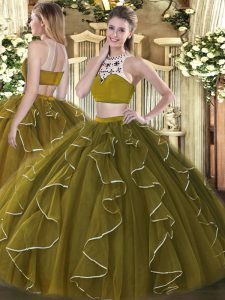 Gorgeous Ball Gowns Quinceanera Dress Olive Green High-neck Organza Sleeveless Floor Length Backless