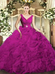  Fuchsia Sweet 16 Dress Military Ball and Sweet 16 and Quinceanera with Beading and Ruching V-neck Sleeveless Backless