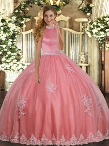 Sexy Coral Red Ball Gowns Tulle Halter Top Sleeveless Beading and Appliques Floor Length Backless Quinceanera Gowns