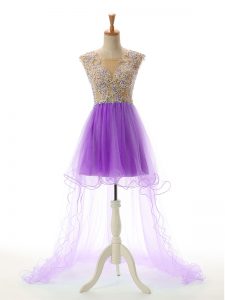 Fitting Eggplant Purple Sleeveless Appliques High Low Prom Party Dress