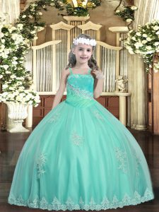Fashionable Apple Green Ball Gowns Appliques and Sequins Girls Pageant Dresses Lace Up Tulle Sleeveless Floor Length