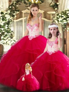 Amazing Ball Gowns Quince Ball Gowns Red Sweetheart Tulle Sleeveless Floor Length Lace Up
