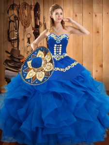 New Style Blue Ball Gowns Embroidery and Ruffles Quinceanera Dresses Lace Up Satin and Organza Sleeveless Floor Length