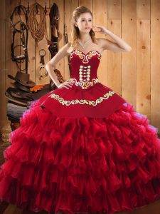 Modern Wine Red Lace Up Sweetheart Embroidery and Ruffled Layers Ball Gown Prom Dress Satin and Organza Sleeveless