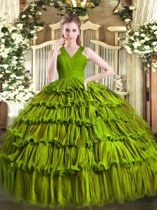  Olive Green V-neck Neckline Ruffled Layers Quince Ball Gowns Sleeveless Zipper