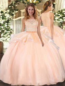  Sleeveless Floor Length Lace Clasp Handle Quince Ball Gowns with Peach