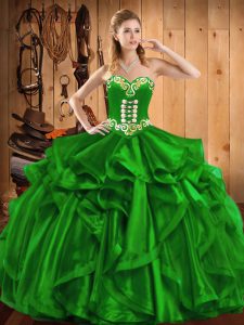 Best Selling Green Ball Gowns Organza Sweetheart Sleeveless Embroidery and Ruffles Floor Length Lace Up Quinceanera Gown
