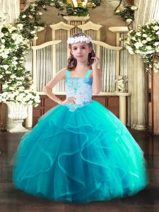  Sleeveless Tulle Floor Length Lace Up Kids Formal Wear in Aqua Blue with Beading and Ruffles