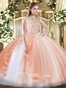 Classical Floor Length Peach Quinceanera Dresses Bateau Sleeveless Zipper