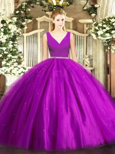 Low Price Sleeveless Tulle Floor Length Zipper Quinceanera Gown in Purple with Beading