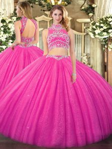 Traditional Two Pieces 15 Quinceanera Dress Hot Pink High-neck Tulle Sleeveless Floor Length Backless