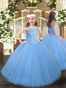 Inexpensive Baby Blue Lace Up Kids Pageant Dress Beading Sleeveless Floor Length