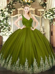 Beautiful V-neck Sleeveless Quinceanera Gown Floor Length Beading and Lace and Appliques Olive Green Tulle