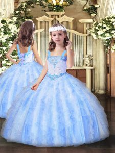 Custom Design Light Blue Ball Gowns Organza Straps Sleeveless Beading and Ruffles Floor Length Lace Up Little Girls Pageant Dress Wholesale