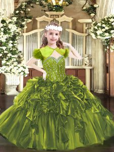  Ball Gowns Party Dress for Girls Olive Green Straps Organza Sleeveless Floor Length Lace Up