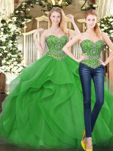 Extravagant Green Lace Up Sweetheart Beading and Ruffles Quinceanera Gown Tulle Sleeveless