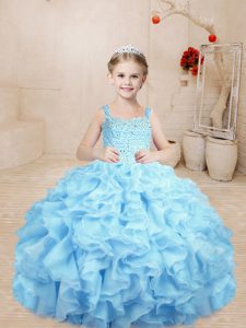 Custom Designed Floor Length Baby Blue Girls Pageant Dresses Straps Sleeveless Lace Up