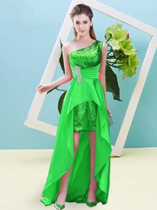  One Shoulder Sleeveless Evening Dress High Low Beading and Sequins Green Elastic Woven Satin and Sequined
