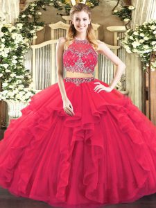 Extravagant Floor Length Coral Red Sweet 16 Dresses Tulle Sleeveless Beading and Ruffles