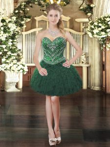  Dark Green Organza Lace Up Sweetheart Sleeveless Mini Length Prom Evening Gown Beading and Ruffles