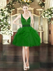 Graceful Tulle V-neck Sleeveless Lace Up Beading and Ruffles in Dark Green