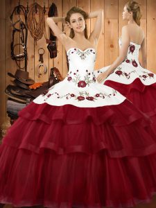 Elegant Wine Red Sleeveless Sweep Train Embroidery and Ruffled Layers Sweet 16 Dresses