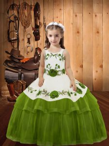  Floor Length Olive Green Little Girl Pageant Dress Organza Sleeveless Embroidery and Ruffled Layers